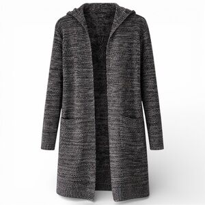 Atmosphere Marled Knit Hooded Open Front Longline Cardigan- Black/White - Size L